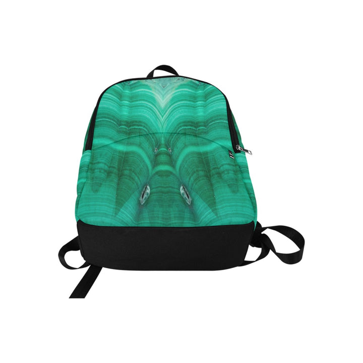 Malachite Fabric Backpack – alternate front view with black base panel, teal crystal print and silver zipper pull detail | Crystal Apertures