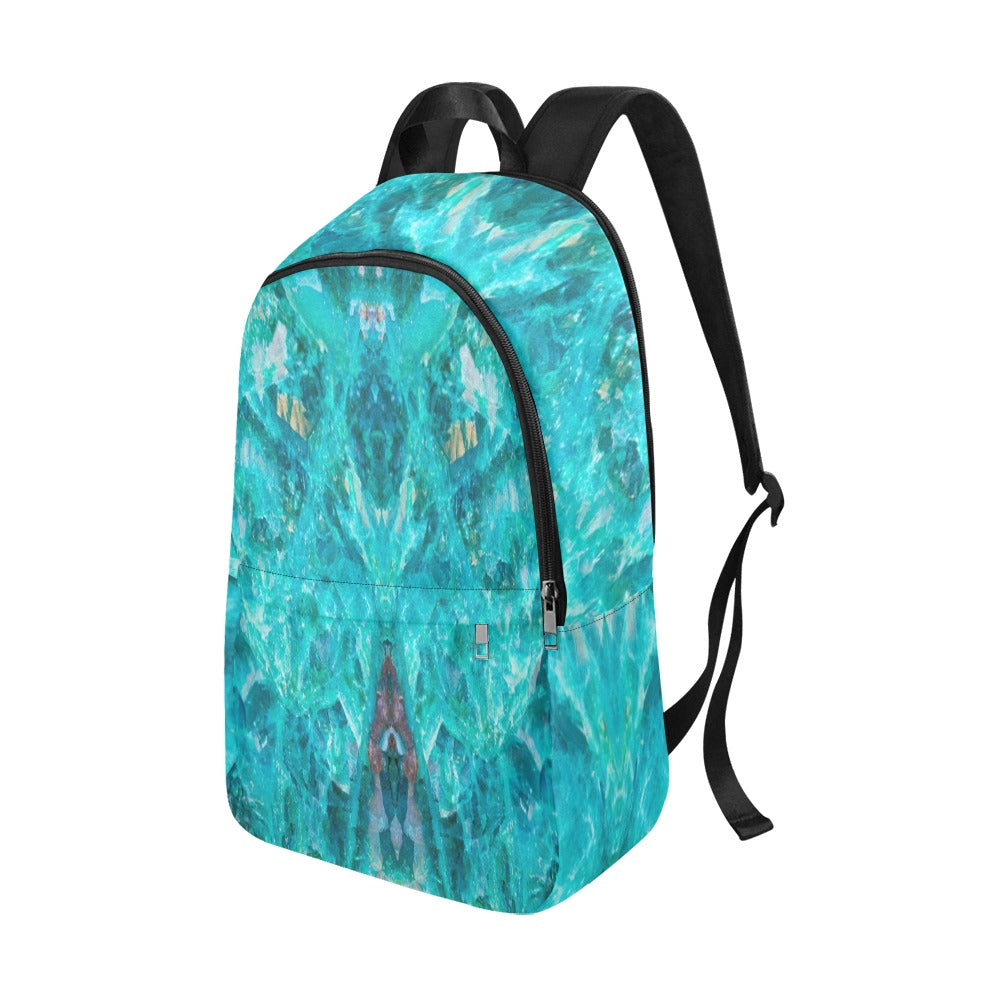 Chrysocolla crystal art fabric backpack – crystal print detail, teal and turquoise wearable art | Crystal Apertures