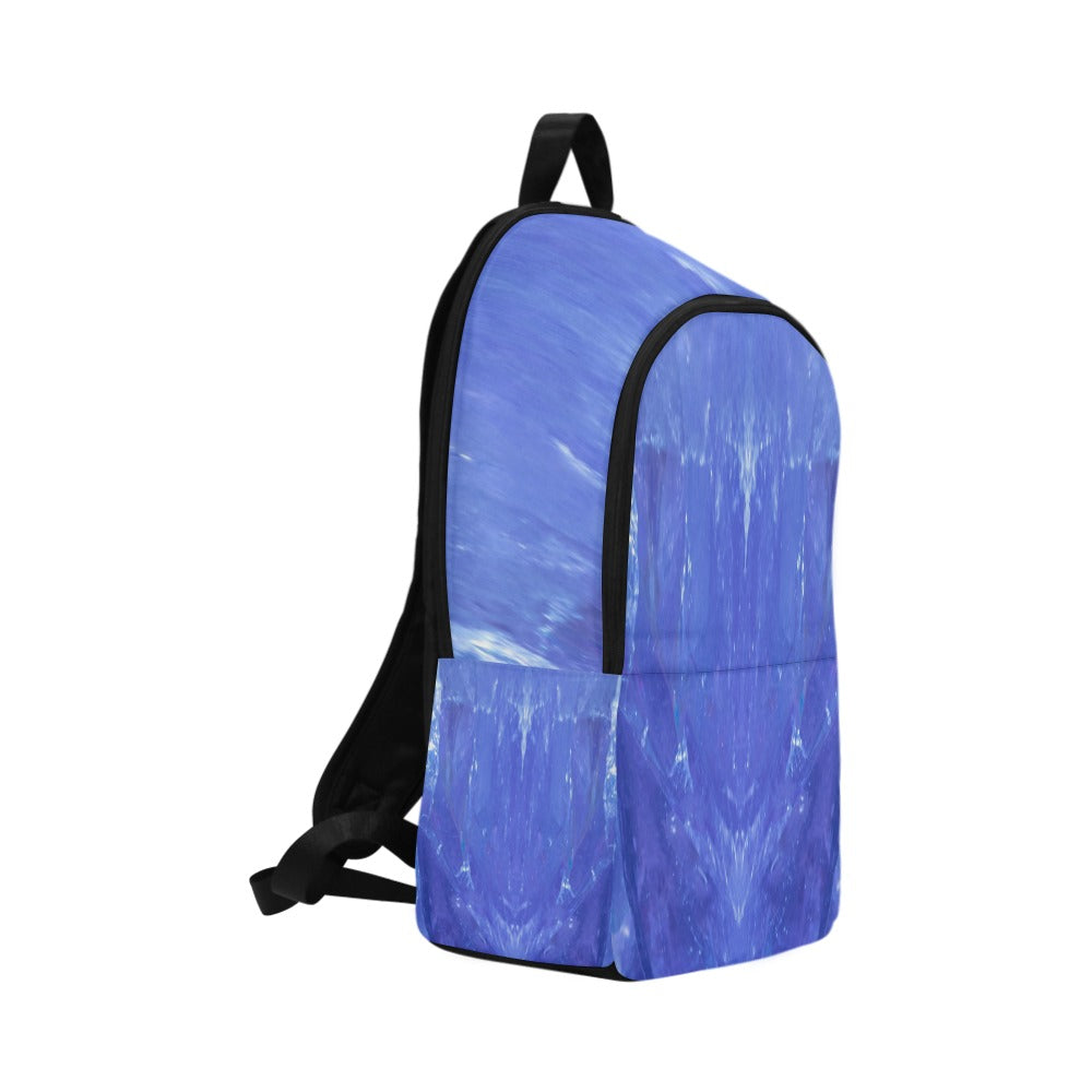 Tanzanite crystal art fabric backpack – left side view, deep blue-violet wearable art | Crystal Apertures