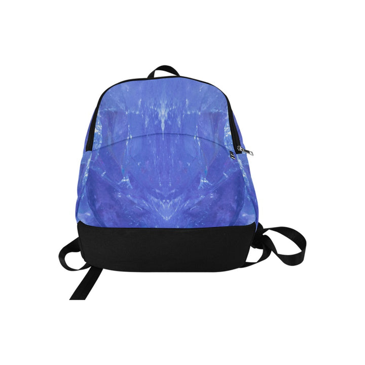 Tanzanite crystal art fabric backpack – flat lay view, deep blue-violet wearable art | Crystal Apertures