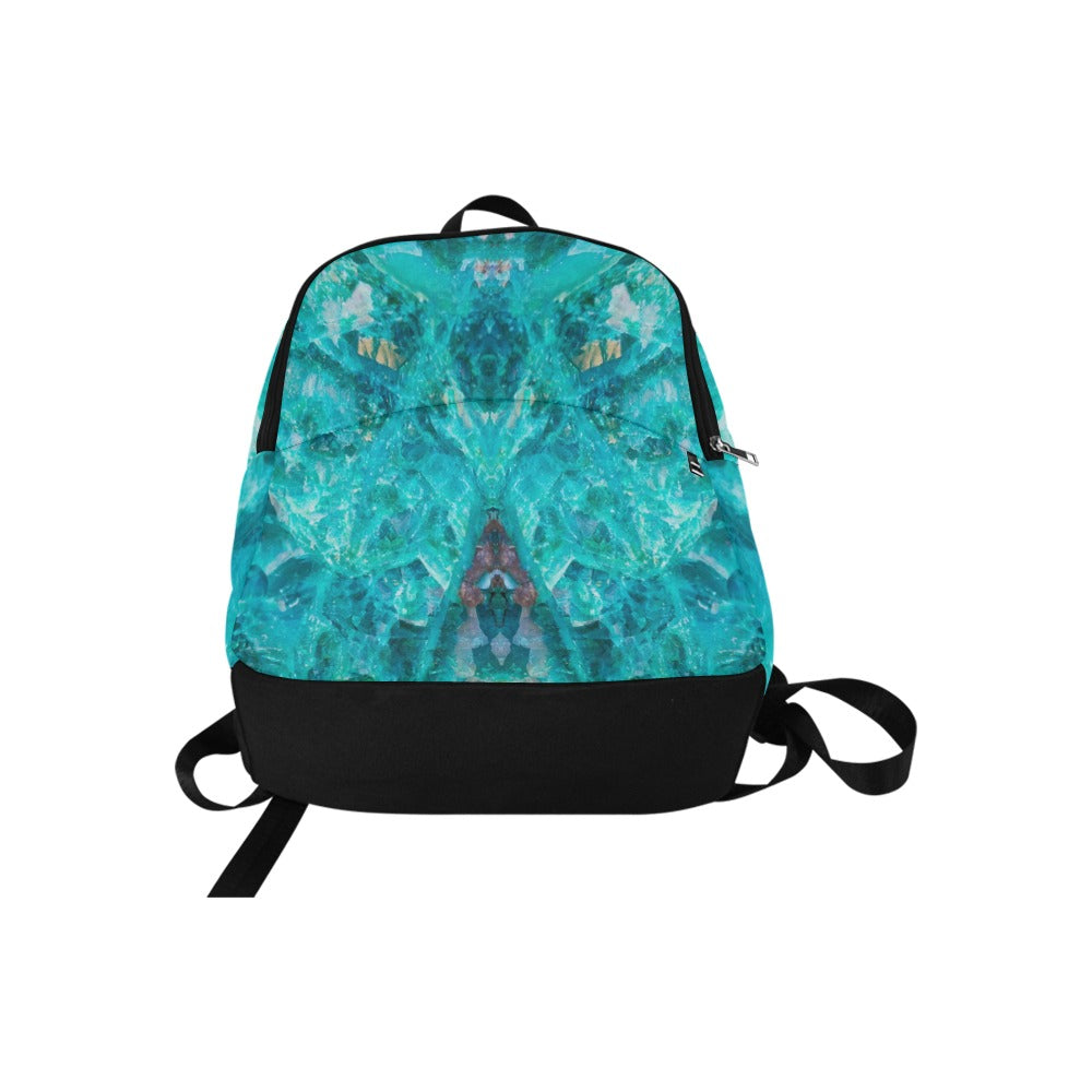 Chrysocolla crystal art fabric backpack – flat lay view, teal and turquoise wearable art | Crystal Apertures
