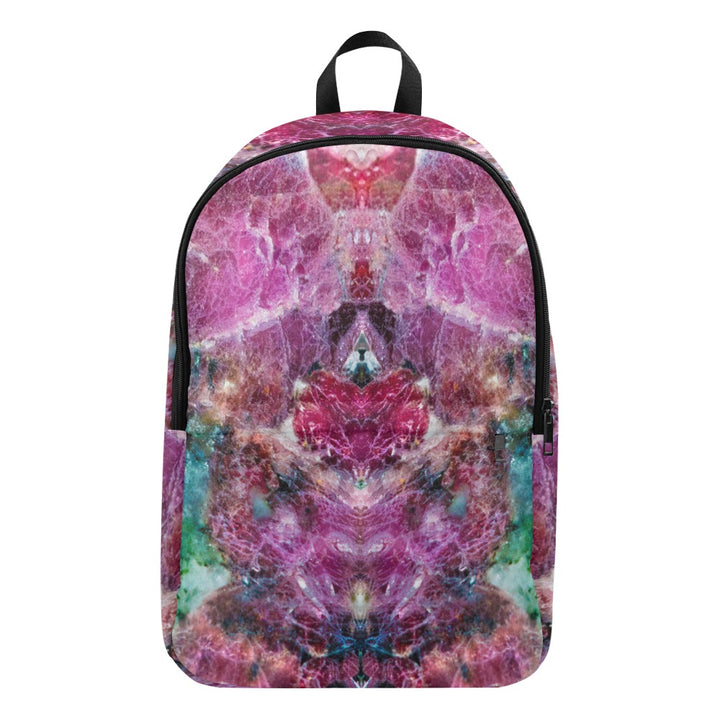 Eudialyte crystal art fabric backpack – front view, rare red-pink heart energy wearable art | Crystal Apertures