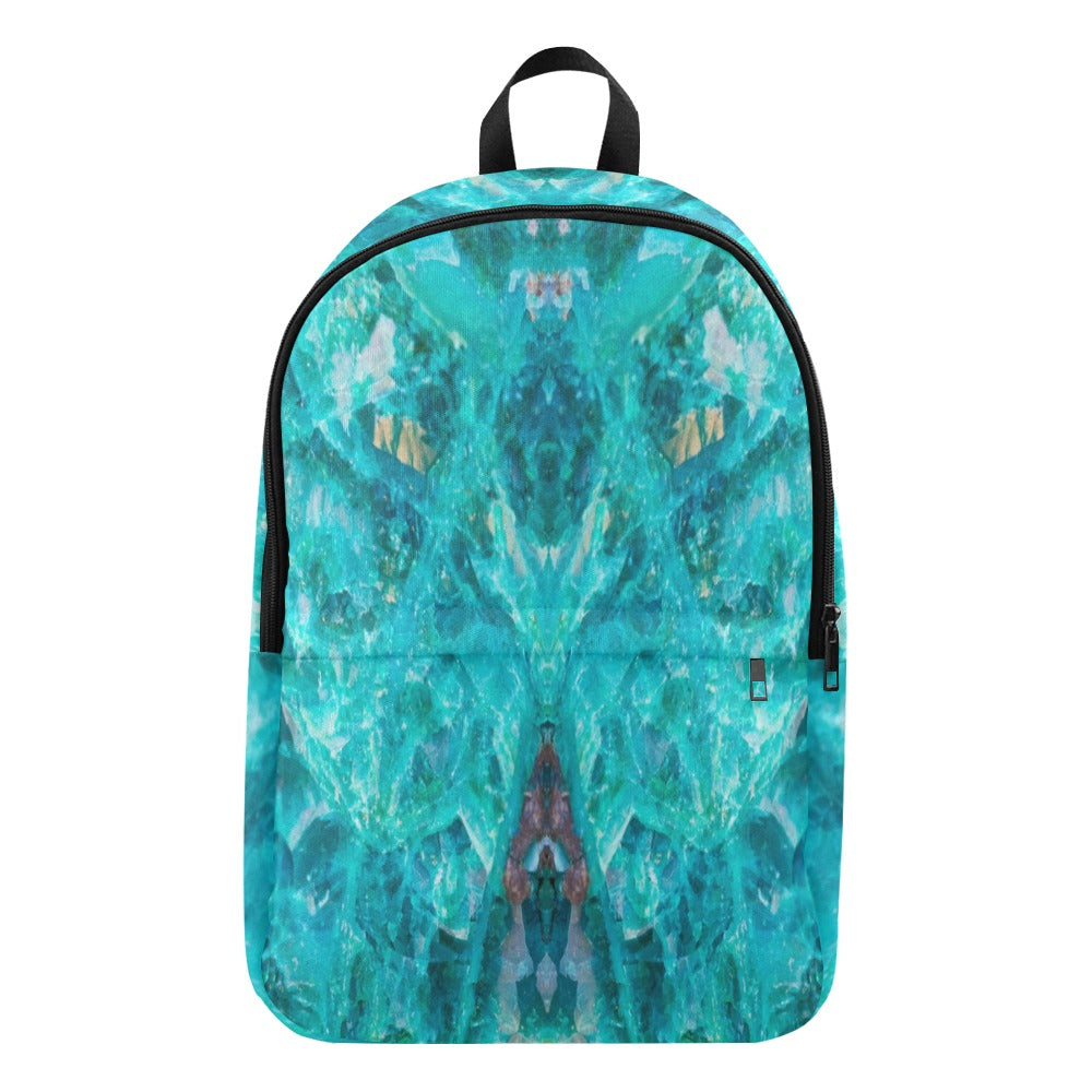 Chrysocolla crystal art fabric backpack – front view, teal and turquoise wearable art | Crystal Apertures
