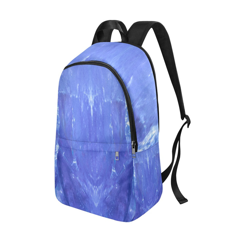 Tanzanite crystal art fabric backpack – right side view, deep blue-violet wearable art | Crystal Apertures