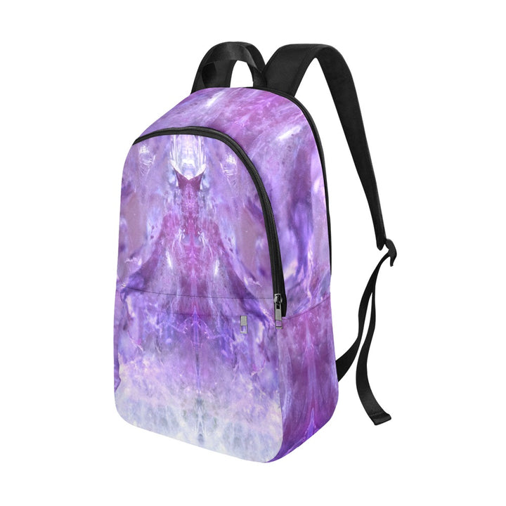 Amethyst crystal art fabric backpack – right side view, purple spiritual wisdom wearable art | Crystal Apertures