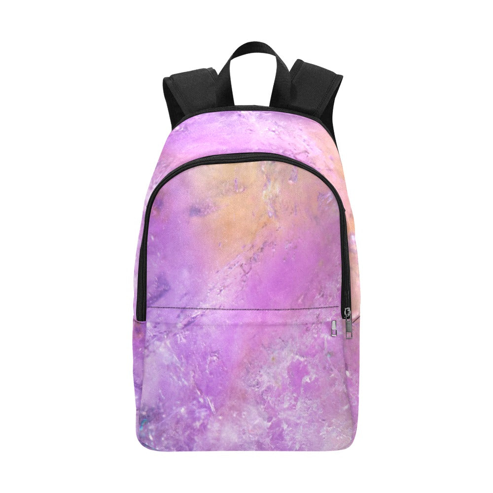 Ametrine crystal art fabric backpack – crystal print detail, purple and gold balance wearable art | Crystal Apertures