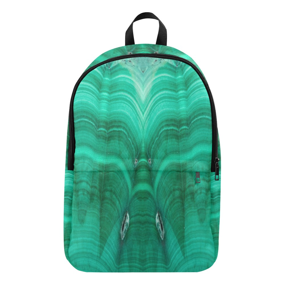 Malachite Fabric Backpack – front view close-up, vibrant teal and green malachite crystal print with layered wave detail | Crystal Apertures