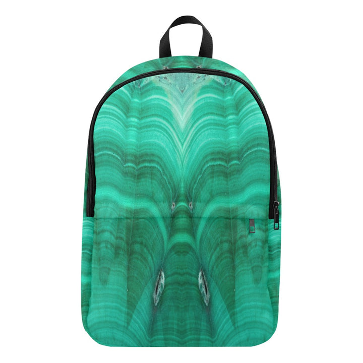 Malachite Fabric Backpack – front view close-up, vibrant teal and green malachite crystal print with layered wave detail | Crystal Apertures