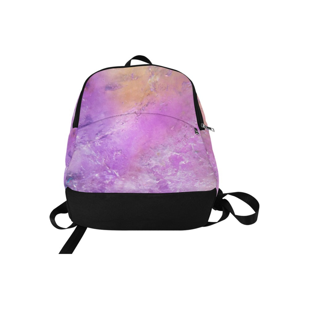 Ametrine crystal art fabric backpack – flat lay view, purple and gold balance wearable art | Crystal Apertures
