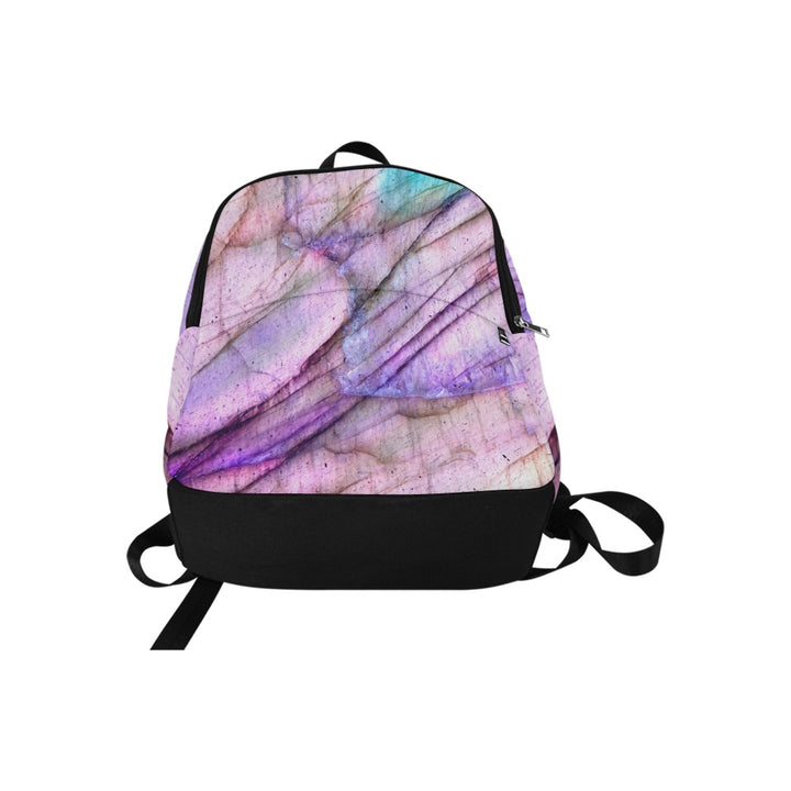 Purple Labradorite crystal art fabric backpack – flat lay view, violet transformation wearable art | Crystal Apertures