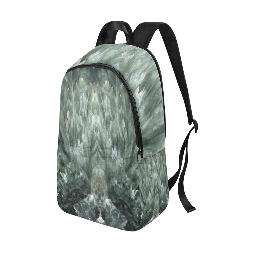Seraphinite crystal art fabric backpack – right side view, green angelic healing wearable art | Crystal Apertures