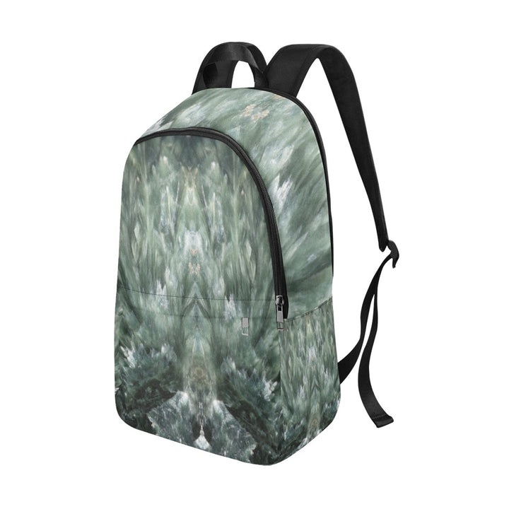 Seraphinite crystal art fabric backpack – right side view, green angelic healing wearable art | Crystal Apertures