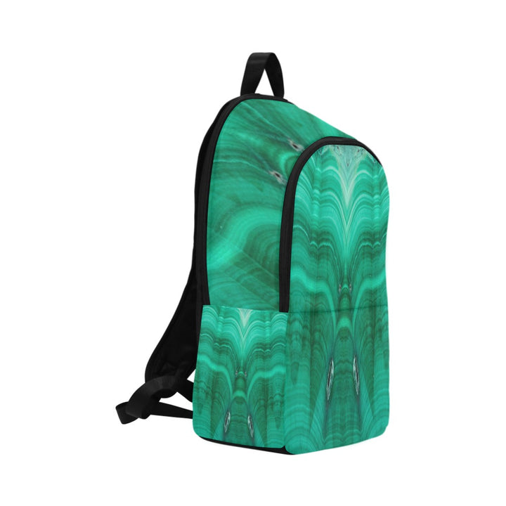Malachite Fabric Backpack – side profile view highlighting front pocket with malachite crystal art print and black trim | Crystal Apertures