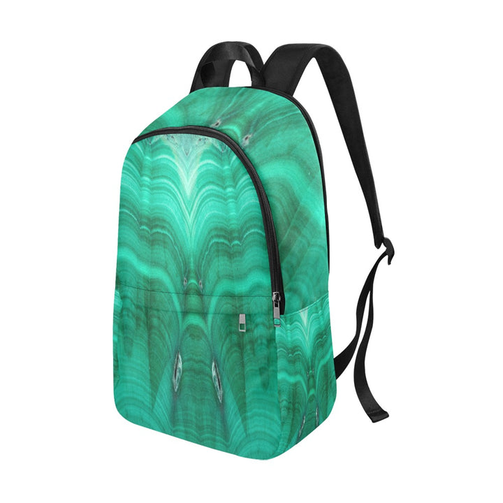 Malachite Fabric Backpack – three-quarter side view showing adjustable black shoulder straps and front zipper pocket | Crystal Apertures