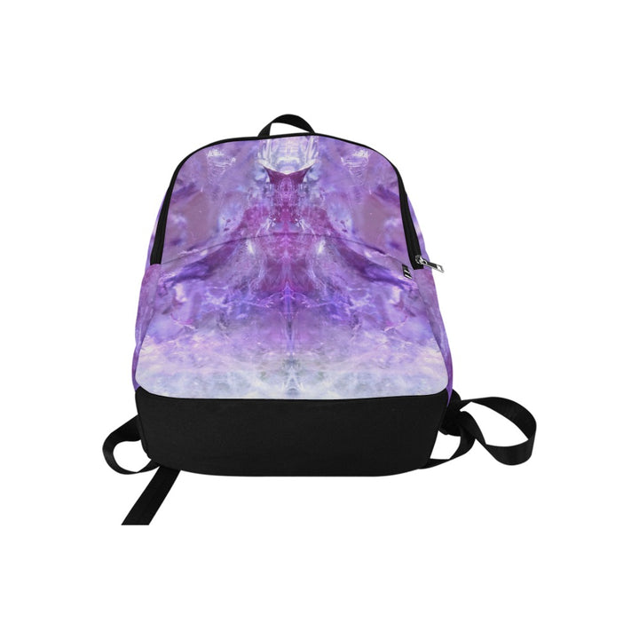 Amethyst crystal art fabric backpack – flat lay view, purple spiritual wisdom wearable art | Crystal Apertures