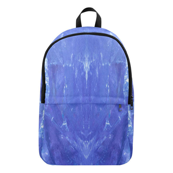 Tanzanite crystal art fabric backpack – front view, deep blue-violet wearable art | Crystal Apertures
