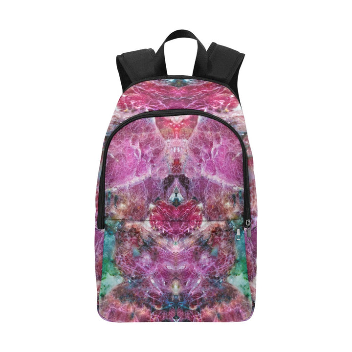 Eudialyte crystal art fabric backpack – crystal print detail, rare red-pink heart energy wearable art | Crystal Apertures