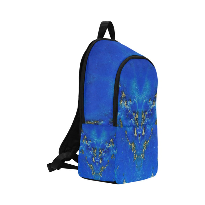 Lapis Lazuli crystal art fabric backpack – left side view, deep blue wisdom wearable art | Crystal Apertures