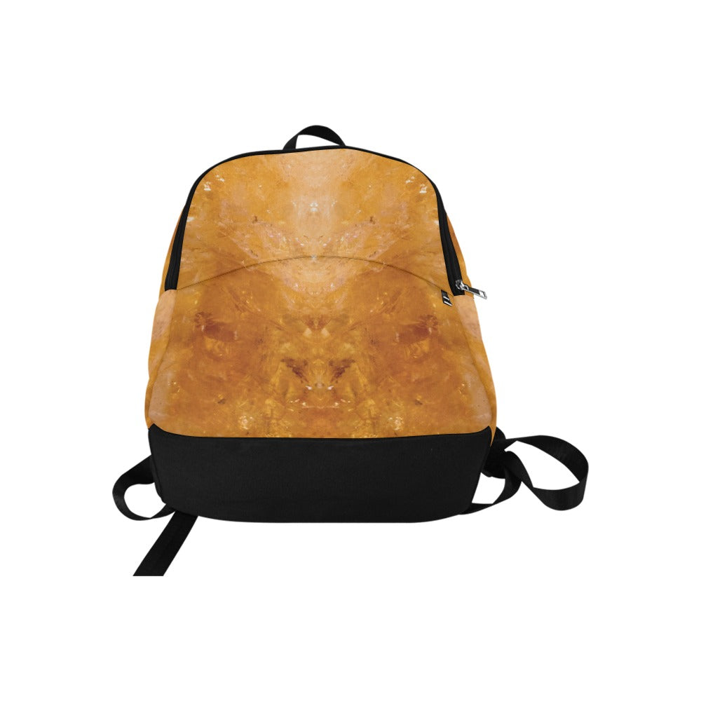 Citrine crystal art fabric backpack – flat lay view, golden abundance wearable art | Crystal Apertures
