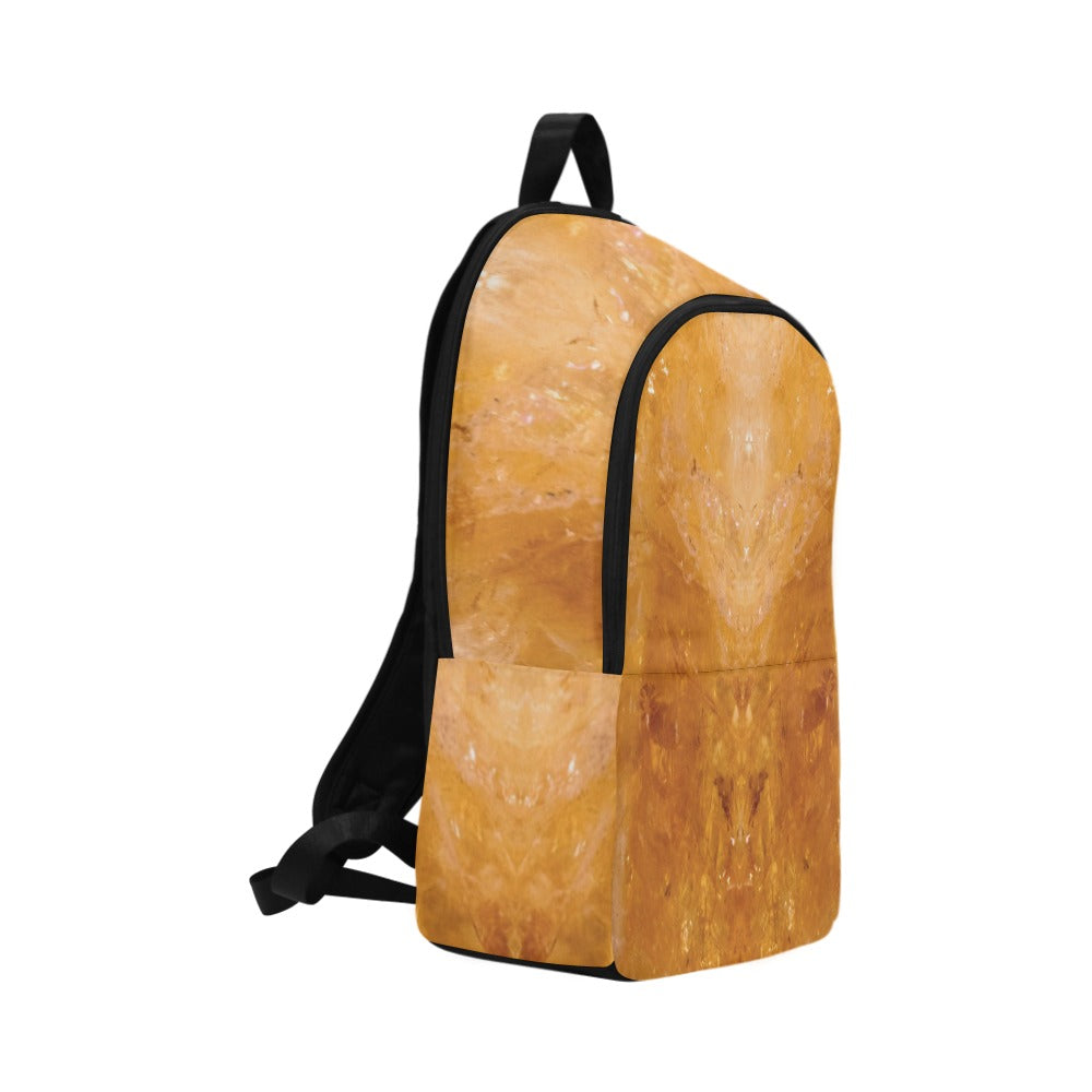 Citrine crystal art fabric backpack – left side view, golden abundance wearable art | Crystal Apertures