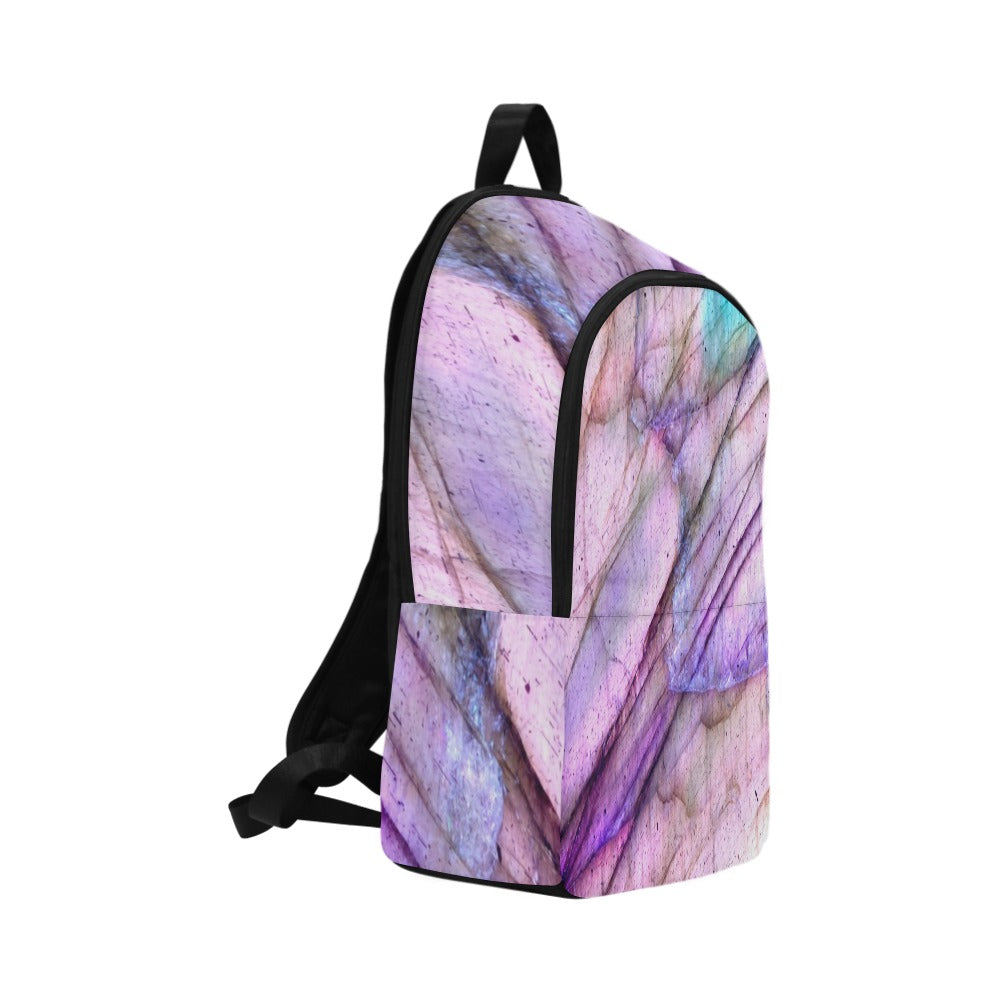 Purple Labradorite crystal art fabric backpack – back view, violet transformation wearable art | Crystal Apertures
