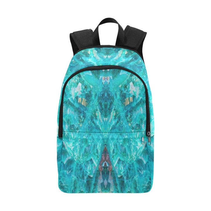 Chrysocolla crystal art fabric backpack – crystal print detail, teal and turquoise wearable art | Crystal Apertures