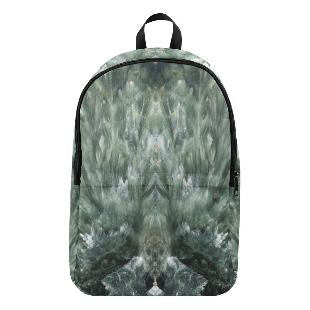 Seraphinite crystal art fabric backpack – front view, green angelic healing wearable art | Crystal Apertures