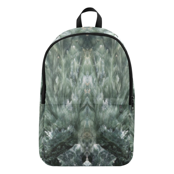 Seraphinite crystal art fabric backpack – front view, green angelic healing wearable art | Crystal Apertures