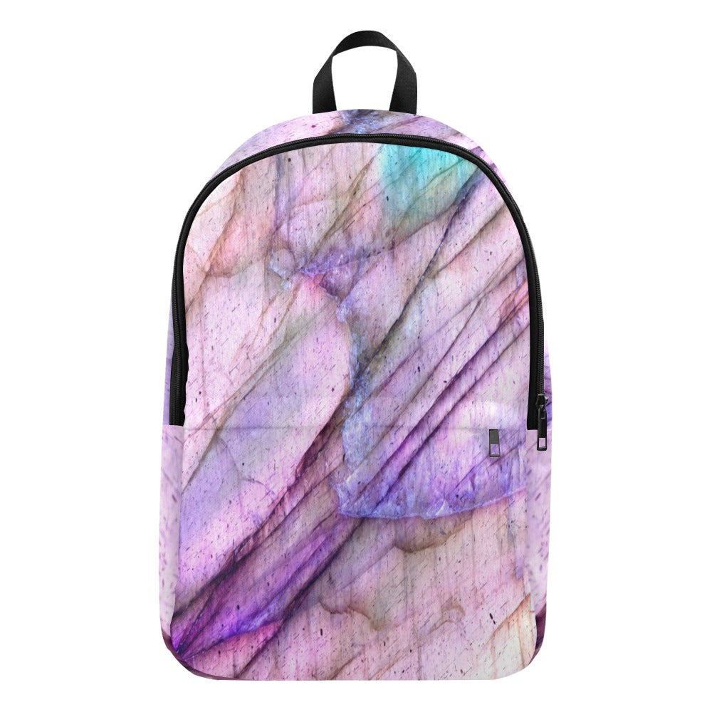 Purple Labradorite crystal art fabric backpack – front view, violet transformation wearable art | Crystal Apertures