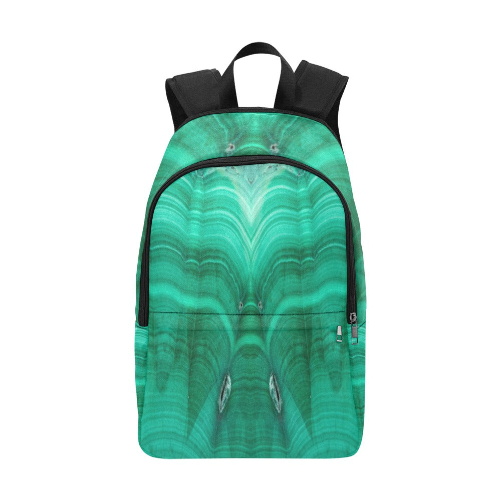 Malachite Fabric Backpack – front view, deep green crystal art print with symmetrical swirling pattern, black zipper and top handle | Crystal Apertures