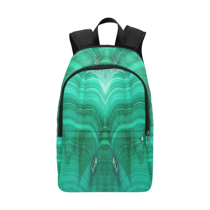 Malachite Fabric Backpack – front view, deep green crystal art print with symmetrical swirling pattern, black zipper and top handle | Crystal Apertures