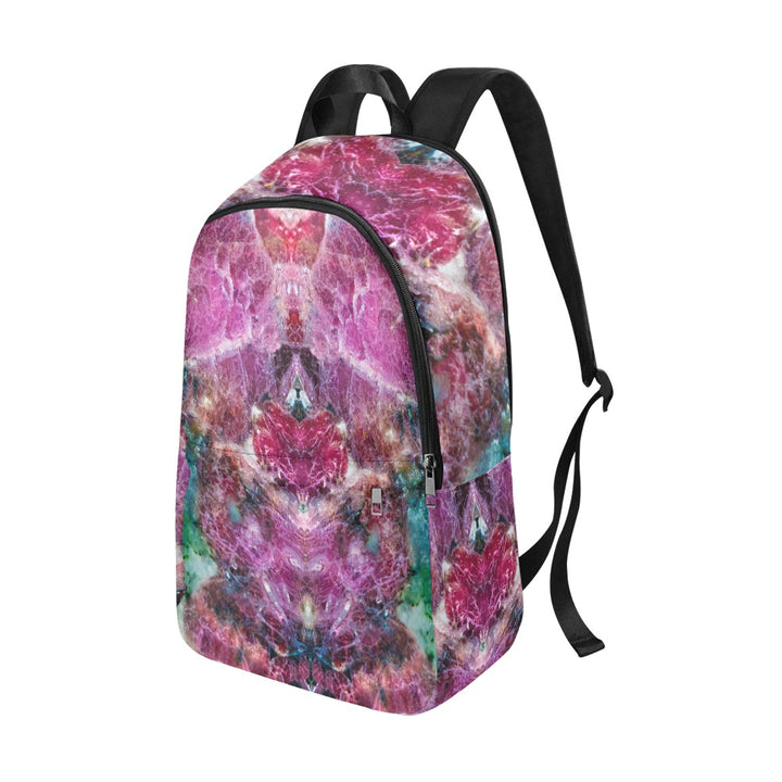 Eudialyte crystal art fabric backpack – right side view, rare red-pink heart energy wearable art | Crystal Apertures
