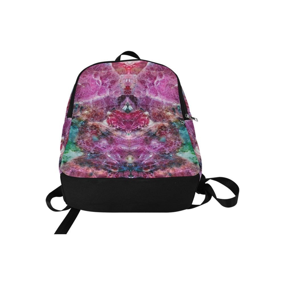 Eudialyte crystal art fabric backpack – flat lay view, rare red-pink heart energy wearable art | Crystal Apertures