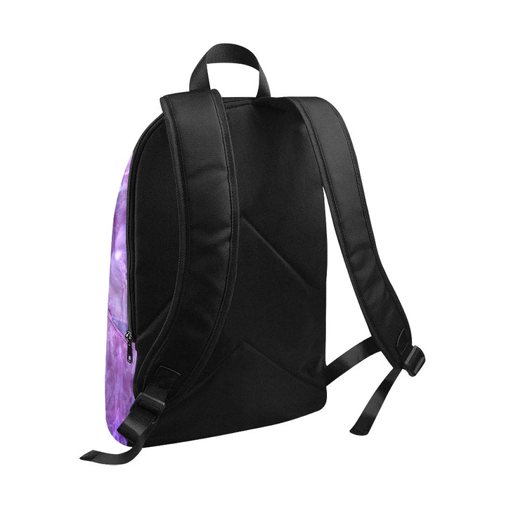 Amethyst crystal art fabric backpack – front view, purple spiritual wisdom wearable art | Crystal Apertures