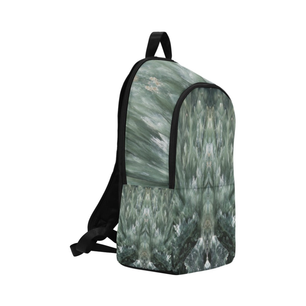 Seraphinite crystal art fabric backpack – left side view, green angelic healing wearable art | Crystal Apertures