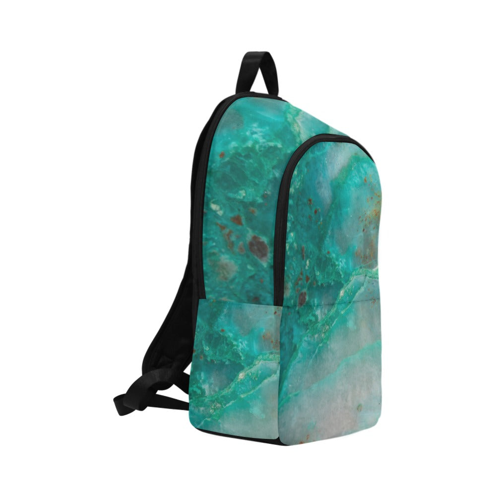 Quantum Quattro crystal art fabric backpack – left side view, multi-stone healing energy wearable art | Crystal Apertures