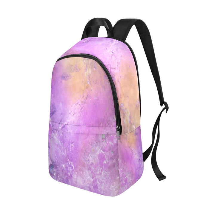 Ametrine crystal art fabric backpack – right side view, purple and gold balance wearable art | Crystal Apertures