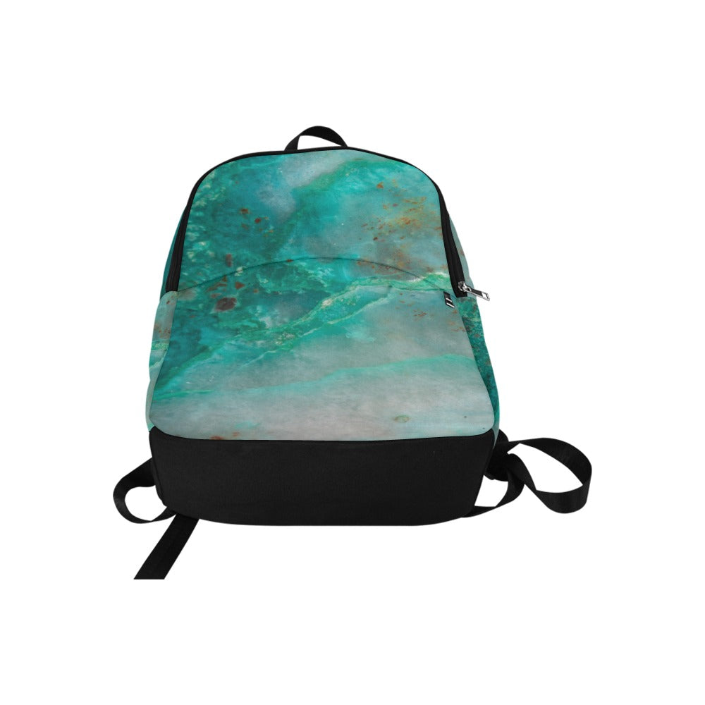 Quantum Quattro crystal art fabric backpack – flat lay view, multi-stone healing energy wearable art | Crystal Apertures