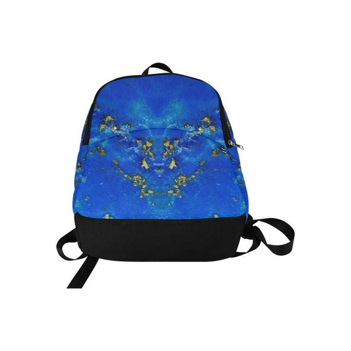 Lapis Lazuli crystal art fabric backpack – flat lay view, deep blue wisdom wearable art | Crystal Apertures