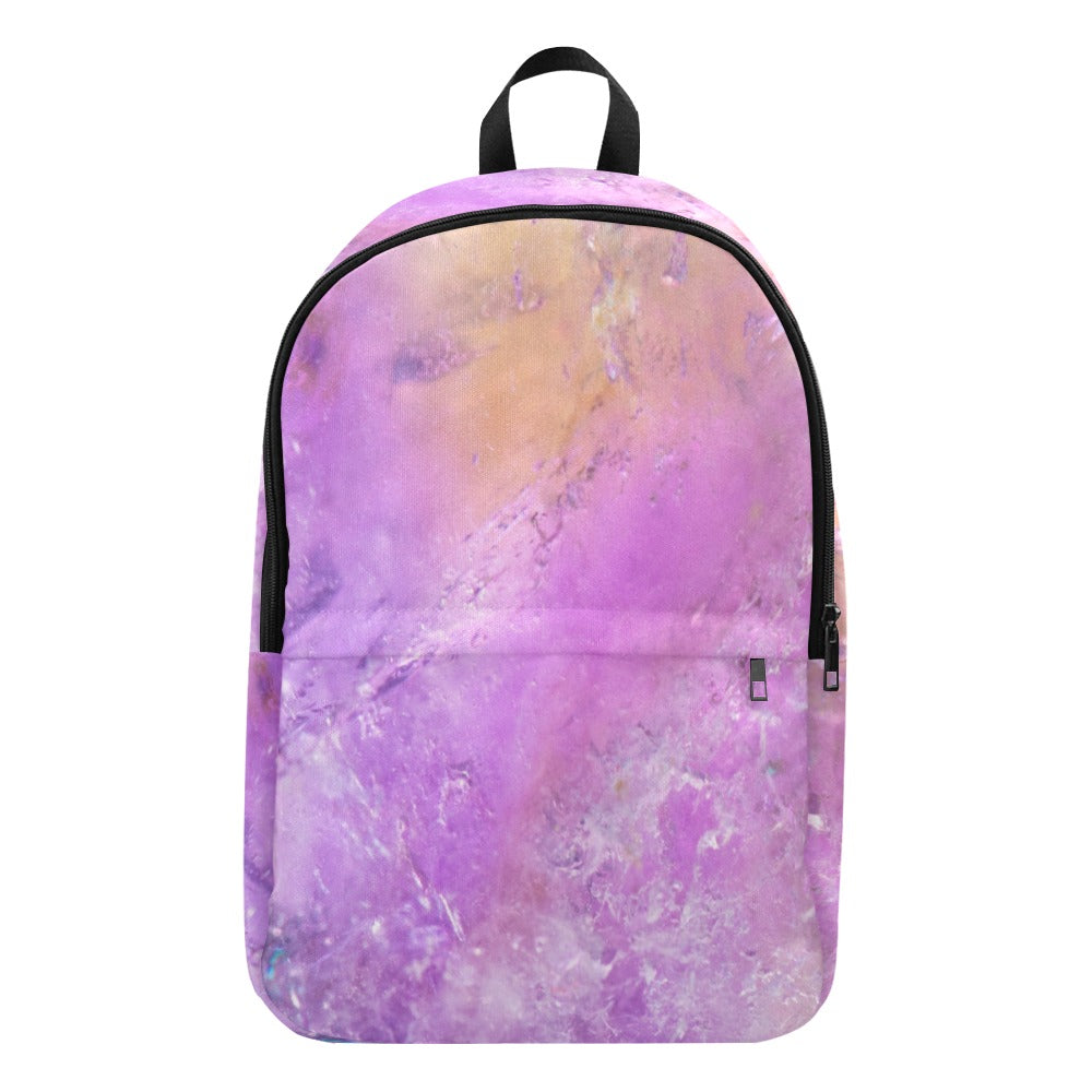 Ametrine crystal art fabric backpack – front view, purple and gold balance wearable art | Crystal Apertures