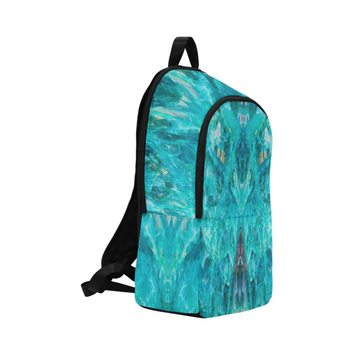 Chrysocolla crystal art fabric backpack – left side view, teal and turquoise wearable art | Crystal Apertures