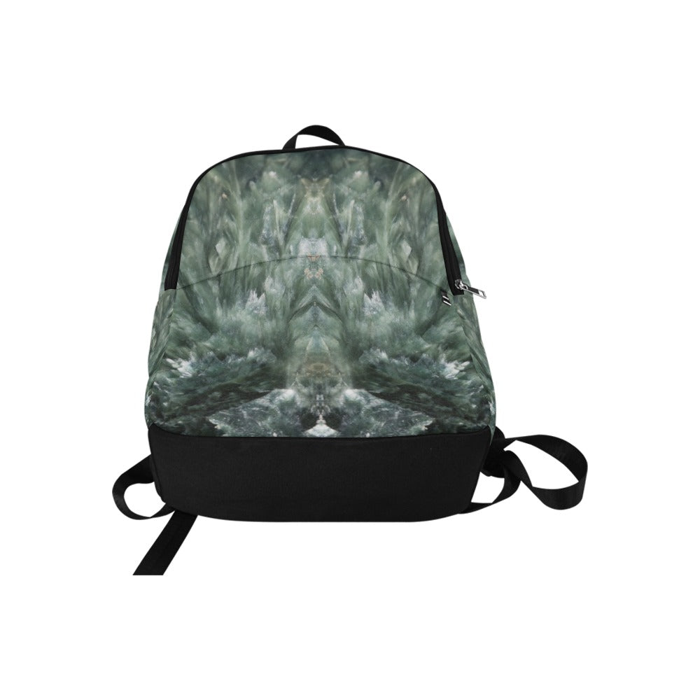 Seraphinite crystal art fabric backpack – flat lay view, deep green transformation wearable art | Crystal Apertures