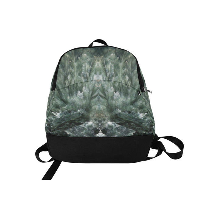 Seraphinite crystal art fabric backpack – flat lay view, deep green transformation wearable art | Crystal Apertures