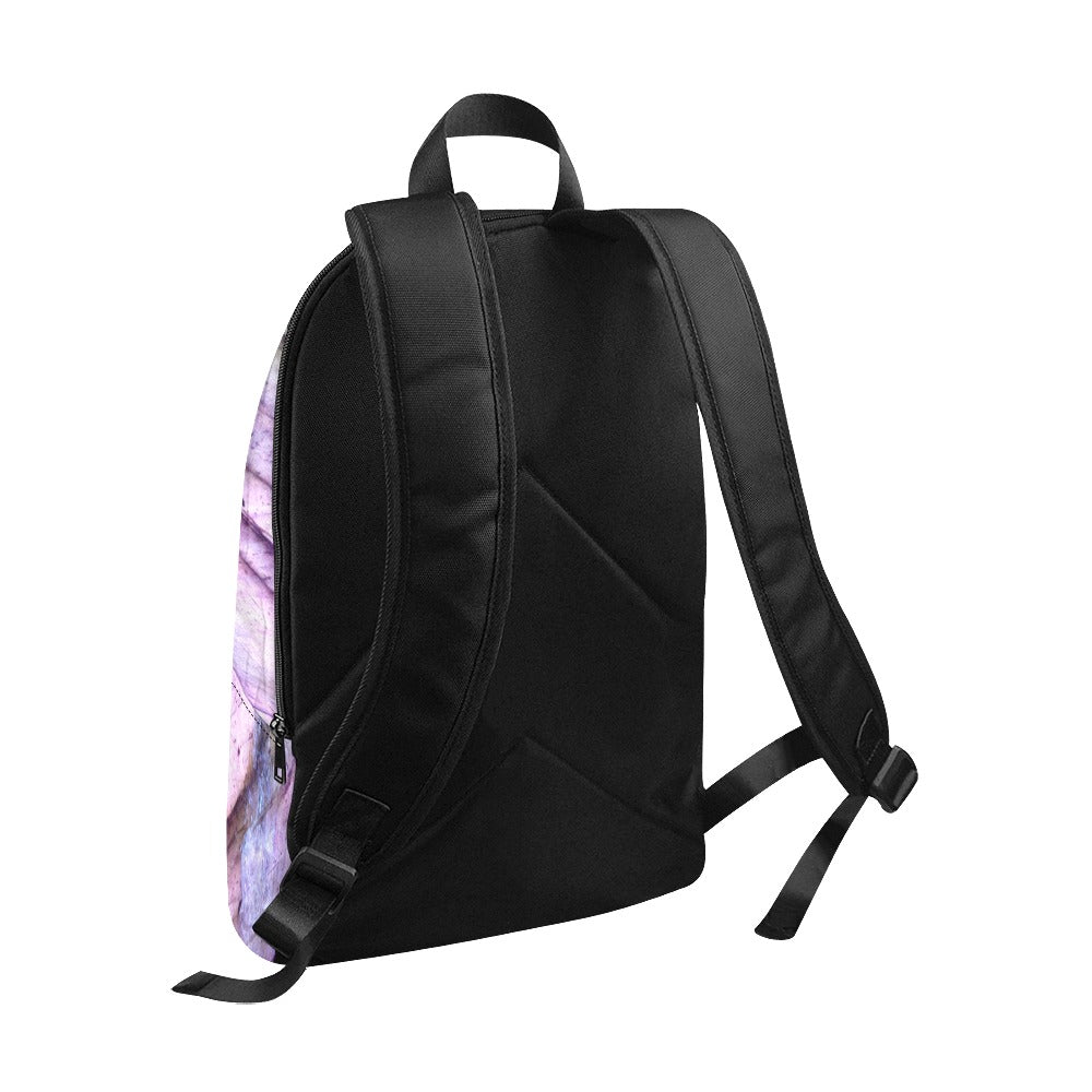 Purple Labradorite crystal art fabric backpack – back view, violet transformation wearable art | Crystal Apertures