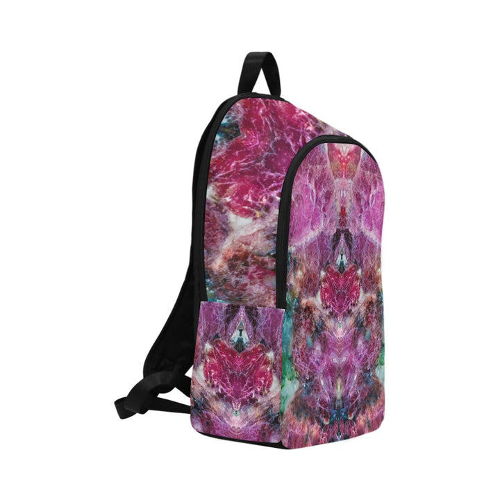 Eudialyte crystal art fabric backpack – left side view, rare red-pink heart energy wearable art | Crystal Apertures
