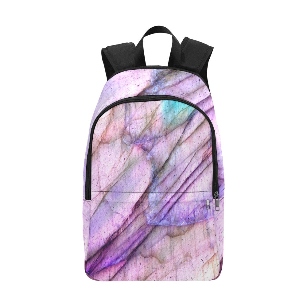 Purple Labradorite crystal art fabric backpack – crystal print detail, violet transformation wearable art | Crystal Apertures
