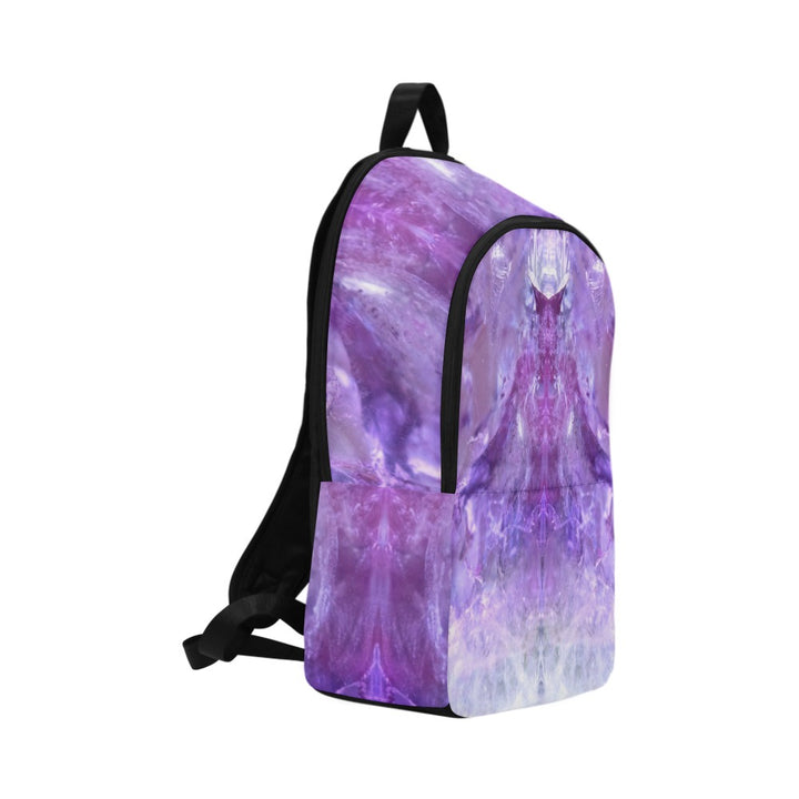 Amethyst crystal art fabric backpack – left side view, purple spiritual wisdom wearable art | Crystal Apertures