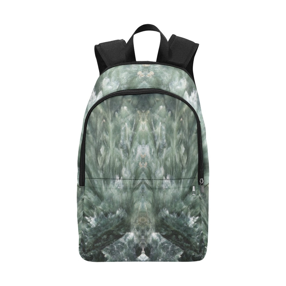 Seraphinite  Crystal  Art fabric backpack - close up view of  green angelic healing wearable art.| Crystal Apertures
