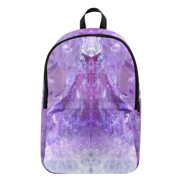 Amethyst crystal art fabric backpack – front view, purple spiritual wisdom wearable art | Crystal Apertures