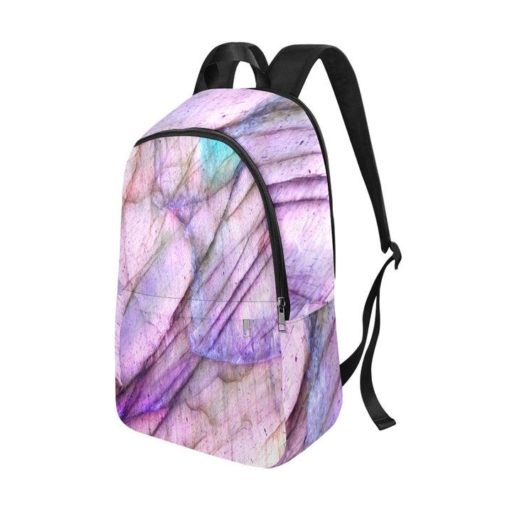 Purple Labradorite crystal art fabric backpack – back view, violet transformation wearable art | Crystal Apertures